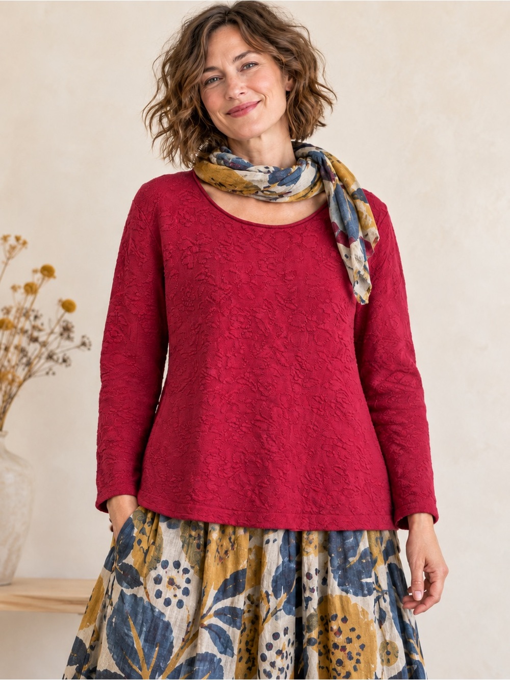 Gudrun Sjödén Burgundy Floral Jacquard Knit Sweater Pullover Medium